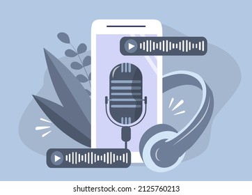 vector hand drawn illustration in flat style on the theme of recording podcasts. smartphone with audio recordings, microphone and headphones.