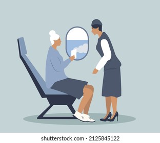 vector hand drawn illustration in flat style on the theme of flights and services on board the aircraft. flight attendant talking to a woman in the cabin