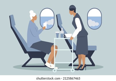 vector hand drawn illustration in flat style on the theme of flights and services on board the aircraft. the passenger is seated. flight attendant pushing a cart full of drinks