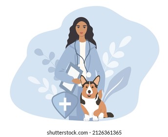 vector hand drawn illustration in flat style on the theme of a veterinary clinic, medical care for animals. veterinarian and corgi dog
