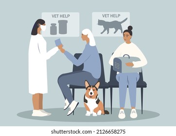 Vektorhandgezeichnete Illustration in flachem Stil zum Thema der Tierklinik. Tierarzt beratende Hundebesitzer, Leute warten online