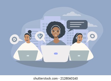 ilustración dibujada a mano vectorial en estilo plano sobre el tema del centro de llamadas, servicio de soporte técnico. tres chicas con auriculares con micrófono consultan a clientes
