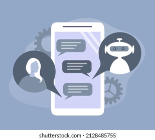 vector hand drawn illustration in flat style - a smartphone in which a chat bot communicates with a woman