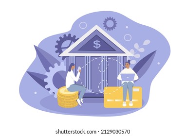 vector hand drawn illustration in flat style on the theme of online banking. Two women transfer money to each other through laptop and smartphone