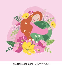 vector hand drawn illustration in flat style on the theme of earth day, spring. girl sitting in flowers hugs the globe