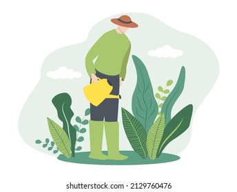 ilustración dibujada a mano vectorial en estilo plano sobre el tema de la jardinería. agricultor con sombrero y botas de goma de una lata de agua
