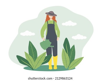 vector hand drawn illustration in flat style on the theme of gardening. woman-farmer in a hat and rubber boots watering plants from a watering can