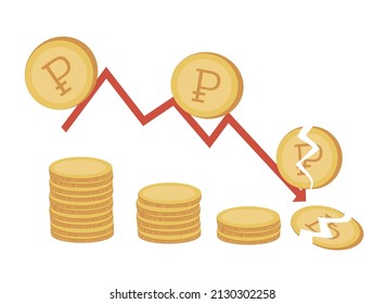 vector hand drawn illustration in flat style  on the theme of the fall of the Russian ruble. coins with the sign of the ruble are fed down the red arrow and broken