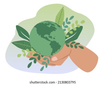 vector hand drawn illustration in flat style on the theme of earth day, save the planet. Hands hold the globe.