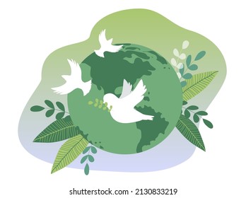 vector hand drawn illustration in flat style on the theme of earth day, save the planet, peace. globe, around which doves of peace fly.