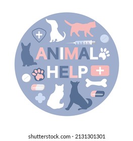 vector hand drawn illustration in flat style on the theme of veterinary medicine, helping animals. circle with various cats and dogs and pet products.