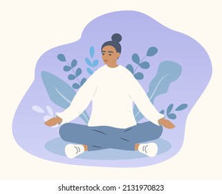 ilustración de estilo plano sobre el yoga, la tranquilidad, la relajación. joven meditando en posición de loto