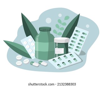 vector hand drawn illustration in flat style  on the theme of drugs from natural ingredients, herbs. Various pills, vials, medicine packages and plant leaves