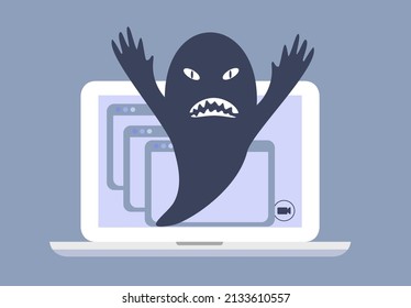 vector hand drawn illustration in flat style on the theme of frightening and disturbing news. A laptop from the screen of which a huge monster crawls out.