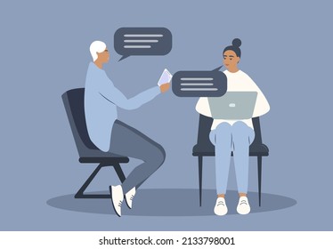 vector hand drawn illustration in flat style  - two people look at a laptop and a smartphone and talk