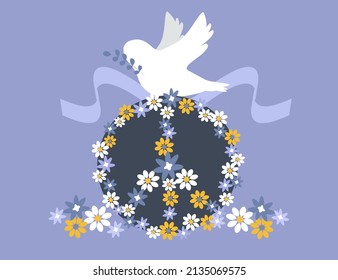 vector hand drawn illustration in flat style  - a peace sign made of flowers and a peace dove carrying a twig