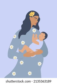 vector hand drawn illustration in flat style on theme of motherhood. pregnant girl gently holding the baby in her arms