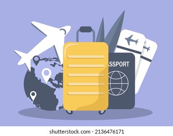ilustración dibujada a mano vectorial en estilo plano sobre el tema del viaje. - Globe, avión, maleta grande, pasaporte y boletos.