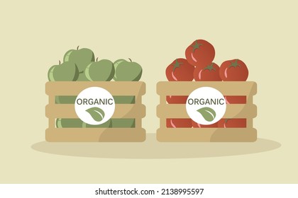 vector hand drawn illustration in flat style on the theme of organic farm products. box of green apples and box og tomato with organic stickers