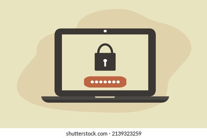 Vektorgrafik handgezeichnet im flachen Stil zum Thema Cybersicherheit, Datenschutz. Laptop mit Vorhängeschloss und Passwort auf dem Bildschirm