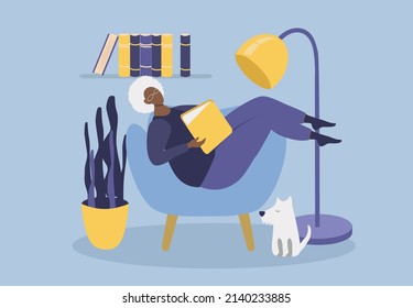 vector hand drawn illustration in flat style - elderly black woman reading a book sitting in a chair
