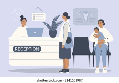 Vector Hand Drawn Illustration In Flat Style - Clinic Waiting Room.