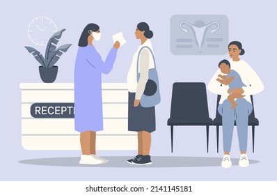 Vector Hand Drawn Illustration In Flat Style - Medical Clinic Waiting Room. 