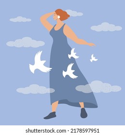 vector hand drawn illustration in a flat style on the theme of mental health. white birds fly around the girl