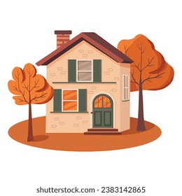Vector hand drawn illustration of a flat cartoon house with autumn garden