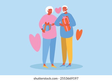 vector hand drawn illustration in flat style - a married couple of black elderly people give each other gifts for valentine's day.