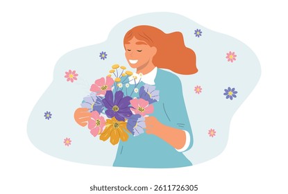 vector hand drawn illustration in flat style on the theme of spring, harmony, mental health, tranquility. portrait of a girl with flowers
