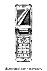 Vector hand drawn illustration of flip phone in vintage engraved style. isolated on white background.