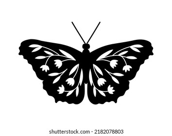 Vector hand drawn illustration of Flower Butterfly. Isolated black silhouette with floral ornament on white background