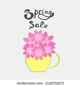 vector hand drawn illustration - flowers in a cup for tea. a picture on the theme of spring, flowers, floristry. thread flat illustration for websites, applications, magazines