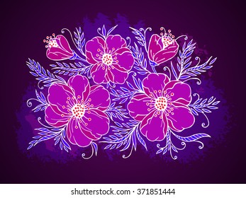 Vector hand drawn illustration with flowers on textured watercolor background. In purple colors.