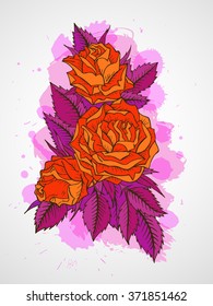 Vector hand drawn illustration with flowers on textured watercolor background. In orange and purple colors.