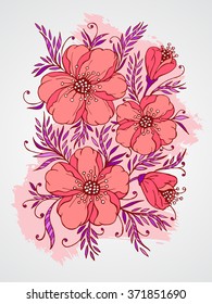 Vector hand drawn illustration with flowers on textured watercolor background. In pink colors.