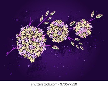 Vector hand drawn illustration with flowers on textured background. In purple and pale yellow colors.