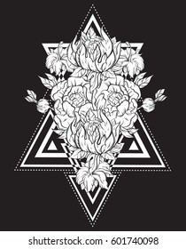 Vector hand drawn illustration of flowers in geometrical frames. Hand sketched tattoo artwork. Template for card, poster, banner, print for t-shirt, coloring books.