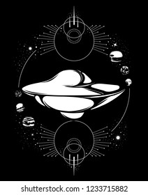 Vector hand drawn illustration of flying saucer isolated . Creative tattoo artwork. Template for card, poster, banner, print for t-shirt, pin, badge, patch.