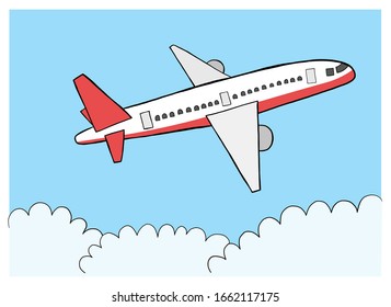 Vector hand drawn illustration of flying airplane. Black outlines and colored.