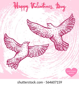 Vector hand drawn illustration of flying pigeons couple in the sky,text Happy Valentines Day on background with paper texture.Pair of doves, sketch. Linear art in vintage style for design.