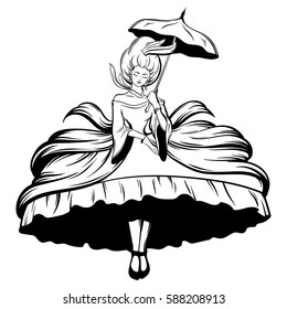 Vector hand drawn illustration of flying  woman in dress with crinoline and umbrella. Tattoo surreal artwork. Template for card, poster, banner, print for t-shirt.
