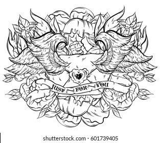 Vector hand drawn illustration of flying envelope with wings and ribbon. Creative artwork with flowers. Tattoo art. Template for card, poster, banner, print for t-shirt.