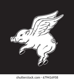 Vector hand drawn illustration of flying pig. Tattoo artwork . Template for card, poster, banner, print for t-shirt.