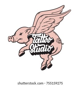 Vector hand drawn illustration of flying pig and handwritten lettering.  Template for card, poster, banner, print for t-shirt, label.