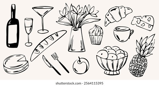 Vector hand drawn illustration of food. baguette, croissants, cheese, peach, pineapple, muffin in a minimalist sketch style. The design is ideal for menus, packaging, invitations, logos, or home decor