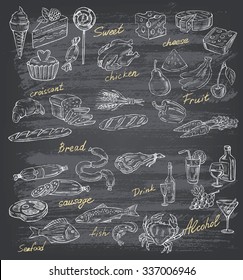 vector hand drawn illustration of food on black