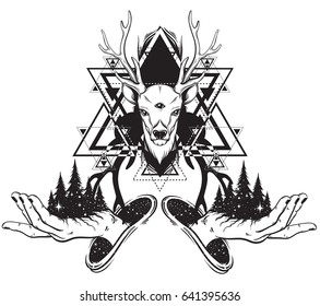 Vector hand drawn illustration of forest on the human hand and deer with three eyes. Template for card, poster, banner, print for t-shirt. 