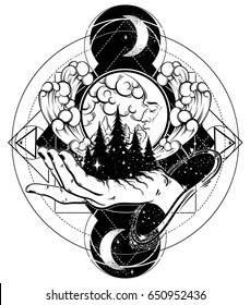 Vector hand drawn illustration of forest on the human hand. Artwork with moon and clouds.  Template for card, poster, banner, print for t-shirt. 